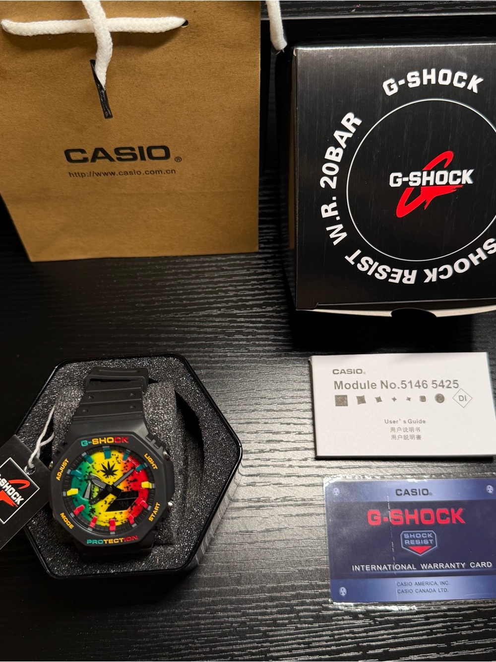 Casio G-Shock Black Watch with Red, Yellow and Green Dial